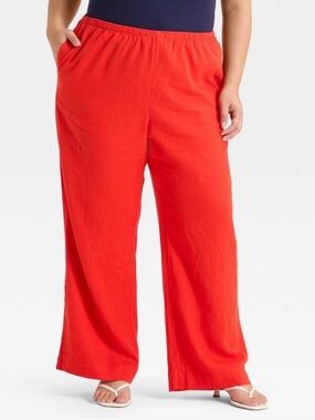 a New Day Red Mid Rise Wide Leg Linen Pull-on Pants